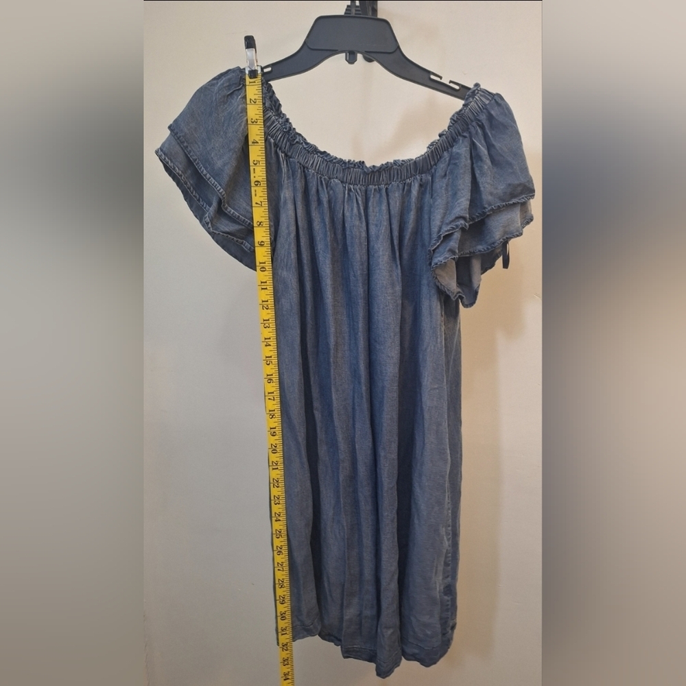 She + Sky Denim Blue Mini Dress Tunic Top Size Medium Off The Shoulder